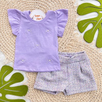 Conj. Blusa Laço de Strass com Pérola e Short Tweed - Lilás